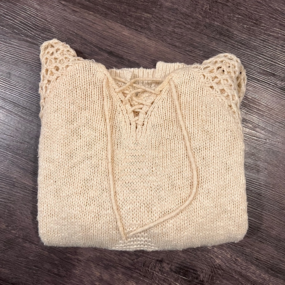 F21 Open Knit Cream Hoodie Sweater